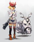  1girl bag bike_shorts blonde_hair grin handbag hat horned_headwear horns hover_bike long_sleeves original pink_eyes pointy_ears puffy_long_sleeves puffy_sleeves shoes short_hair skirt smile solo standing toridamono white_skirt 