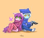  1boy 1girl animal_ears beanie blue_skin blush_stickers controller fairy green_eyes hat league_of_legends leaning_on_person lulu_(league_of_legends) pix purple_hair purple_skin remote_control sitting socks striped striped_legwear sweater thigh-highs veigar white_hair yan531 yellow_eyes yordle 