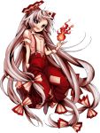  1girl :d bow fire fujiwara_no_mokou hair_bow hands_in_pockets harukawa_moe official_art open_mouth red_eyes silver_hair simple_background smile suspenders touhou urban_legend_in_limbo 