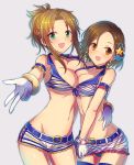  2girls :d anchor_hair_ornament bracelet breast_press breasts brown_eyes brown_hair choker cleavage gloves green_eyes hair_ornament idolmaster idolmaster_cinderella_girls jewelry kara_(color) large_breasts looking_at_viewer matsumoto_sarina mizuki_seira multiple_girls navel open_mouth short_hair short_shorts shorts smile star_hair_ornament white_gloves 