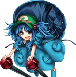  1girl backpack bag blue_eyes blue_hair boots hair_bobbles hair_ornament harukawa_moe hat kawashiro_nitori key official_art open_mouth shirt short_hair short_sleeves skirt solo touhou transparent_background twintails urban_legend_in_limbo 