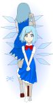  1girl absurdres blue_dress blue_eyes blue_hair bow cirno dress hair_bow highres ice ice_wings looking_at_viewer shirt short_sleeves smile solo touhou wings 