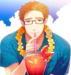  1boy ana_mix blue_eyes brown_hair casual drink flower flower_necklace glasses jewelry julius_will_kresnik lei necklace sky solo t-shirt tales_of_(series) tales_of_xillia tales_of_xillia_2 