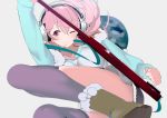  1girl blush breasts electric_guitar guitar headphones instrument large_breasts long_hair nitroplus over-kneehighs pink_eyes pink_hair pom_pom_(clothes) smile solo super_sonico thighhighs wink 