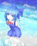  1girl absurdres artist_request barefoot blue_eyes blue_hair bow breasts cirno hair_bow highres ice ice_wings legs looking_at_viewer open_mouth short_hair touhou wings 