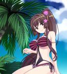  1girl arm_support armlet bikini blue_sky blush breasts brown_eyes brown_hair caryo casual_one-piece_swimsuit cherry_blossoms clouds flower frilled_bikini frills hair_flower hair_ornament halterneck kantai_collection large_breasts long_hair nanashino navel one-piece_swimsuit palm_tree ponytail seiza sitting sky smile solo swimsuit tree untying very_long_hair yamato_(kantai_collection) 