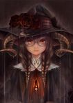  1girl absurdres bouno_satoshi braid brown_hair capelet flame flower freckles glasses hat highres horns long_hair looking_at_viewer orange_eyes original rain red_rose ribbon rose solo twin_braids upper_body wet witch_hat 