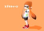  1girl absurdres bike_shorts different_shadow hat highres inkling nintendo orange_background orange_eyes orange_hair paint_splatter shadow shoes smile sneakers splatoon t-shirt tentacle_hair tentacles yuu_choko 