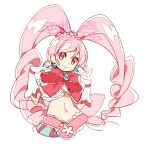  1girl anpolly copyright_name earrings gloves hani_haruka jewelry magical_girl midriff navel pink_eyes pink_hair pink_princess simple_background six_heart_princess smile solo tiara twintails white_background white_gloves 