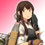  1girl :o akagi_(kantai_collection) arrow brown_eyes brown_gloves brown_hair flight_deck gloves holding japanese_clothes kantai_collection long_hair looking_away lowres microphone muneate official_art open_mouth quiver shibafu_(glock23) single_glove solo yugake 