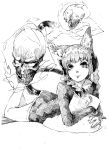  1girl animal_ears bow braid cat_ears cat_tail dress floating_skull greyscale hair_bow highres kaenbyou_rin legs_up looking_at_viewer lying matumasima monochrome multiple_tails on_stomach sketch skull solo tail tongue tongue_out touhou twin_braids two_tails 