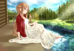  1girl arm_support asuna_(sao) barefoot braid brown_eyes brown_hair dress grass highres jacket lens_flare long_hair river sitting skirt_hold sky smile solo sword_art_online tree water 