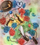  1girl ankle_boots aqua_hair blouse blue_rose boots flower frilled_sleeves frills gradient gradient_background green_eyes hand_on_own_chest hat hat_removed hat_ribbon headwear_removed heart heart_of_string io_(pixiv21347802) knee_up komeiji_koishi long_sleeves looking_at_viewer lying marker_(medium) millipen_(medium) multicolored_background on_back one_eye_covered open_mouth pantyhose petals red_rose ribbon rose short_hair skirt solo third_eye touhou traditional_media watercolor_(medium) white_legwear 