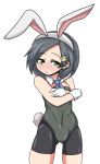  1girl absurdres bike_shorts black_hair bunnysuit gloves hair_ornament hairclip highres kantai_collection kuroshio_(kantai_collection) leotard short_hair solo yuuki_shishin 