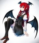  +5cm 1girl blouse gradient gradient_background head_wings juliet_sleeves koakuma long_hair long_sleeves looking_at_viewer nail_polish necktie pointy_ears puffy_sleeves red_eyes redhead shoes skirt skirt_set smile solo thigh-highs touhou vest wings zettai_ryouiki 