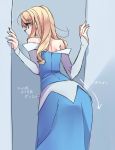  1girl aurora_(disney) bare_shoulders blonde_hair blue_dress blue_eyes disney dress from_behind highres kokuchuutei long_hair sleeping_beauty solo translation_request 