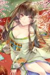  1girl aoi89 bangs blunt_bangs blush breasts brown_hair cherry_blossoms cleavage collarbone floral_print from_above japanese_clothes kimono long_hair looking_at_viewer obi off_shoulder original petals red_eyes sash sitting smile solo 