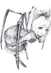  1girl absurdres bent_over bow dress foreshortening hair_bow highres insect_girl kurodani_yamame looking_at_viewer matumasima mechanical_pencil open_mouth pencil short_hair sketch smile solo spider_girl spider_legs standing touhou traditional_media v 