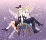  1girl blonde_hair blue_eyes brooch brother_and_sister chair crossed_arms finger_to_mouth fork habuki hair_ornament hair_ribbon hairclip jewelry kagamine_len kagamine_rin long_sleeves okochama_sensou_(vocaloid) ponytail ribbon short_hair shorts siblings solo twins vocaloid 