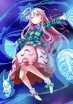  1girl abe_ranzu aura boots bowtie collared_shirt dual_wielding fan floating folding_fan hata_no_kokoro highres looking_at_viewer mask mask_on_head pink_eyes pink_hair plaid plaid_shirt see-through shirt skirt solo touhou wide-eyed 