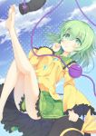  1girl barefoot east01_06 green_eyes green_hair hat hat_removed headwear_removed highres komeiji_koishi short_hair solo third_eye touhou 