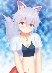  1girl absurdres alternate_costume animal_ears blush breasts casual cleavage collarbone highres inubashiri_momiji jewelry looking_at_viewer midriff navel no_hat pendant red_eyes short_hair silver_hair solo tail touhou wolf_ears wolf_tail 