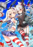  2girls amatsukaze_(kantai_collection) black_panties blonde_hair brown_eyes crop_top elbow_gloves garter_straps gloves hairband highleg highleg_panties kantai_collection long_hair multiple_girls ocean panties rensouhou-chan sailor_dress shimakaze_(kantai_collection) silver_hair soramu striped striped_legwear thigh-highs thong two_side_up underwear 