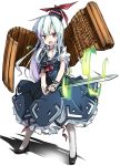  1girl blue_dress breasts cleavage collarbone dress hat high_heels jewelry kamishirasawa_keine neckerchief noya_makoto open_mouth pendant puffy_short_sleeves puffy_sleeves red_eyes scroll shirt short_sleeves silver_hair solo sword touhou weapon 