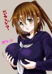  1girl alternate_breast_size breast_hold breasts brown_eyes brown_hair fumizuki_(kantai_collection) kantai_collection large_breasts long_hair looking_at_viewer neckerchief open_mouth perepere-kun ponytail school_uniform serafuku solo translation_request upper_body 