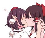  2girls black_hair blush brown_hair closed_eyes hair_ornament hair_ribbon hair_tubes hakurei_reimu hat heart holding_hands kiss looking_at_another multiple_girls pointy_ears pom_pom_(clothes) profile red_eyes ribbon shameimaru_aya shirt short_hair short_sleeves simple_background string tojo_(strit2p) tokin_hat touhou upper_body white_background yuri 