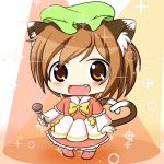  1girl :d alternate_costume animal_ears brown_eyes brown_hair cat_ears cat_tail chen chibi fang green_hat kurumai long_sleeves microphone mob_cap multiple_tails nekomata open_mouth short_hair smile solo tail touhou two_tails 