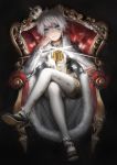  black_background blue_eyes chain chair character_request crossed_legs crown earrings hakura_kusa highres jewelry long_sleeves simple_background sitting solo sword throne weapon white_hair white_legwear 