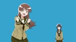  2girls :d bangs black_hair blunt_bangs braid brown_eyes brown_hair closed_eyes dancing hime_cut houston_yamamoto kantai_collection kitakami_(kantai_collection) long_hair multiple_girls ooi_(kantai_collection) open_mouth pleated_skirt school_uniform serafuku short_hair skirt smile 