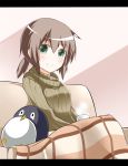  1girl adi_a bird brown_hair failure_penguin fubuki_(kantai_collection) green_eyes kantai_collection long_hair penguin sitting sweater 