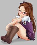  1girl bespectacled blush boots brown_hair fang glasses hairband idolmaster long_hair looking_at_viewer mamezou minase_iori red_eyes red_glasses ribbon sitting smile solo 