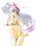  1girl alternate_costume bikini front-tie_top hair_ribbon hatsuharu_(kantai_collection) kantai_collection long_hair looking_at_viewer navel ponytail purple_hair ribbon short_eyebrows side-tie_bikini simple_background sketch small_breasts smile solo swimsuit tks_(chikuwa) very_long_hair violet_eyes white_background 