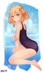  1girl bare_shoulders barefoot black_eyes blonde_hair blush hair_ribbon meto31 one-piece_swimsuit original ribbon school_swimsuit short_hair short_twintails sitting solo swimsuit twintails wariza 