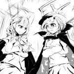  2girls cape cross crossed_arms glasses hat highres maboroshi_ryo_hoshi-wa_(artist) monochrome multiple_girls okazaki_yumemi touhou touhou_(pc-98) usami_sumireko 