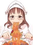  1girl bangs blunt_bangs brown_eyes brown_hair capelet eating food food_in_mouth food_on_face glasses headdress ido_(teketeke) kantai_collection meatball pasta roma_(kantai_collection) round_glasses short_hair simple_background solo spaghetti twitter_username white_background 