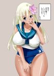  1girl bare_shoulders blonde_hair blue_eyes blush breasts flower hibiscus kantai_collection large_breasts long_hair looking_back neckerchief open_mouth perepere-kun ro-500_(kantai_collection) solo tan tanline translation_request 