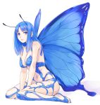  antennae arm_support bare_shoulders blue_eyes blue_hair breasts butterfly_wings cleavage feet hime_cut lips long_hair nail_polish navel original saba_no_miso_ni simple_background sitting toenail_polish toes white_background wings 
