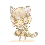  1girl :3 animal_ears bare_shoulders blush bow bowtie breast_pocket cat_ears cat_tail chibi dot_nose elbow_gloves fang frilled_skirt frills full_body gloves kemono_friends kneehighs looking_at_viewer lowres maora_oto multicolored_hair open_mouth outstretched_arms pocket sand_cat_(kemono_friends) shadow shirt short_hair skirt socks solo standing streaked_hair striped_tail tail tareme white_background white_shirt yellow_eyes 