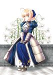  1girl ahoge armor armored_dress blonde_hair chize dress fate/stay_night fate_(series) flower gauntlets green_eyes lily_(flower) saber sitting solo 