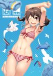  1girl aoi_sora_(pairan) armpits arms_up bare_shoulders barefoot bikini blush brown_eyes brown_hair front-tie_top hair_ornament hair_ribbon hairclip long_hair looking_at_viewer navel one_eye_closed open_mouth original pairan ribbon side-tie_bikini smile solo swimsuit twintails 