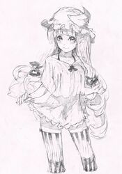  1girl blush capelet cowboy_shot crescent_moon greyscale highres lingerie long_hair looking_at_viewer matumasima mob_cap monochrome moon negligee patchouli_knowledge scowl sketch solo striped striped_legwear thigh-highs touhou underwear zettai_ryouiki 