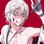  1boy black_gloves blood gloves japanese_clothes licking_lips male_focus natsuhachi open_clothes partly_fingerless_gloves red_background silver_hair simple_background solo sword tongue tongue_out touken_ranbu tsurumaru_kuninaga upper_body weapon yellow_eyes 