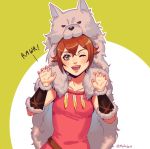  1girl alternate_costume animal_costume brown_hair green_eyes looking_at_viewer mella octopath_traveler open_mouth short_hair simple_background smile solo tressa_(octopath_traveler) wolf wolf_costume 