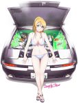  &gt;:) 1girl ayase_eli bare_arms bare_legs bikini blonde_hair blue_eyes car front-tie_bikini front-tie_top grin highres looking_at_viewer love_live!_school_idol_project motor_vehicle navel ponytail sandals side-tie_bikini sitting_on_car smile solo sweeter_(h110111) swimsuit toyota toyota_supra vehicle white_bikini white_swimsuit 