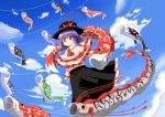  1girl blue_sky frilled_skirt frills hat kibisake kodomo_no_hi koinobori long_skirt nagae_iku purple_hair red_eyes shirt short_hair skirt sky smile touhou 