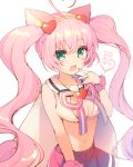  1girl :d ahoge animal_ears blush breasts cat_ears cleavage green_eyes hairband heart heart_ahoge long_hair looking_at_viewer mayachi_(amuriya) midriff navel open_mouth pink_hair rosia_(show_by_rock!!) show_by_rock!! smile solo twintails 